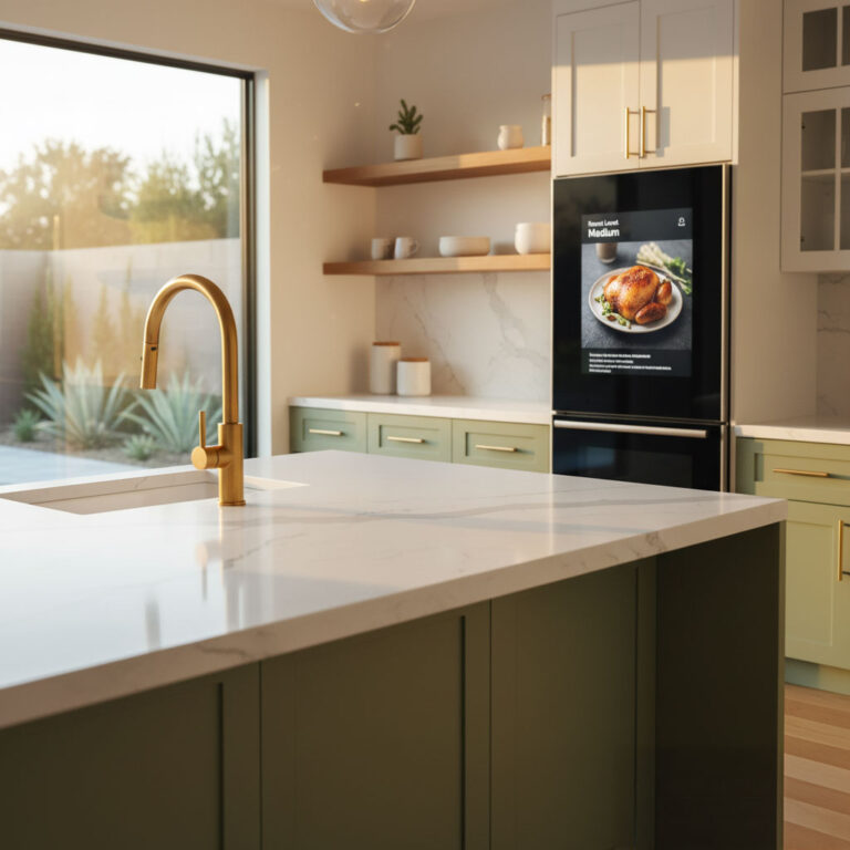 Modern 2025 kitchen trends in Chula Vista: gleaming brass fixtures and energy-efficient smart appliances for South Bay homes by AHI Restoration.