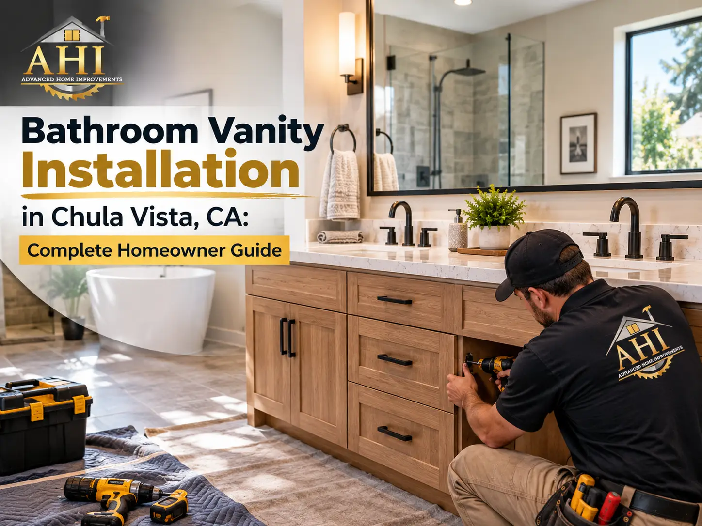 AHI Advanced Home Improvements Restoration contractor installing a wooden double-sink bathroom vanity with a marble countertop and black faucets in a modern Chula Vista, CA bathroom.