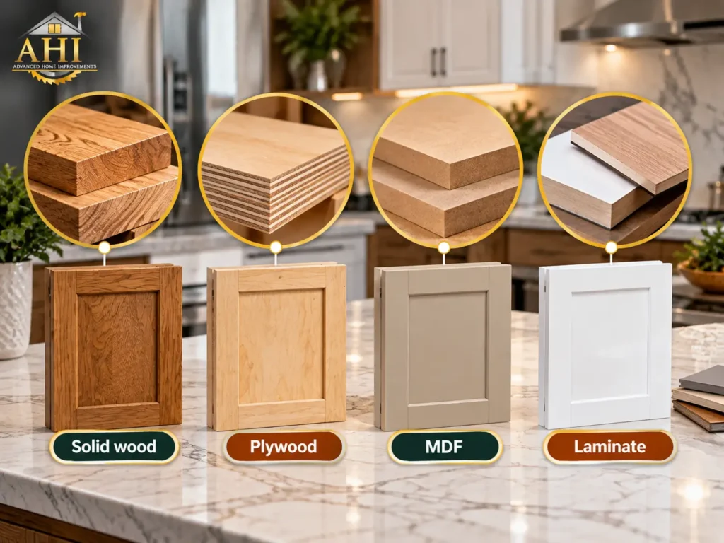 Comparison of four kitchen cabinet materials—solid wood, plywood, MDF, and laminate—with close-up views of their textures, layers, and finishes for custom kitchen cabinetry.
