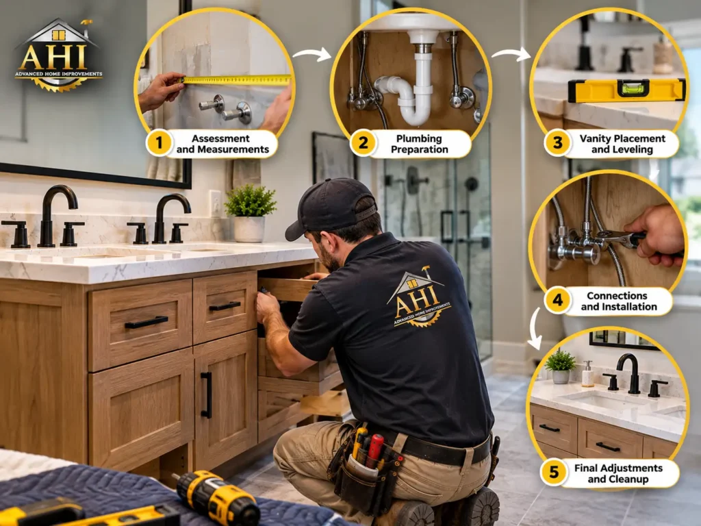 AHI Advanced Home Improvements contractor installing a bathroom vanity, showing five steps: assessment and measurements, plumbing preparation, vanity placement and leveling, plumbing connections, and final adjustments and cleanup.